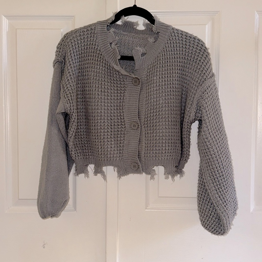 NWOT UO Korean Light Grey Distressed Unique Y2K Knit Sweater Cardigan
